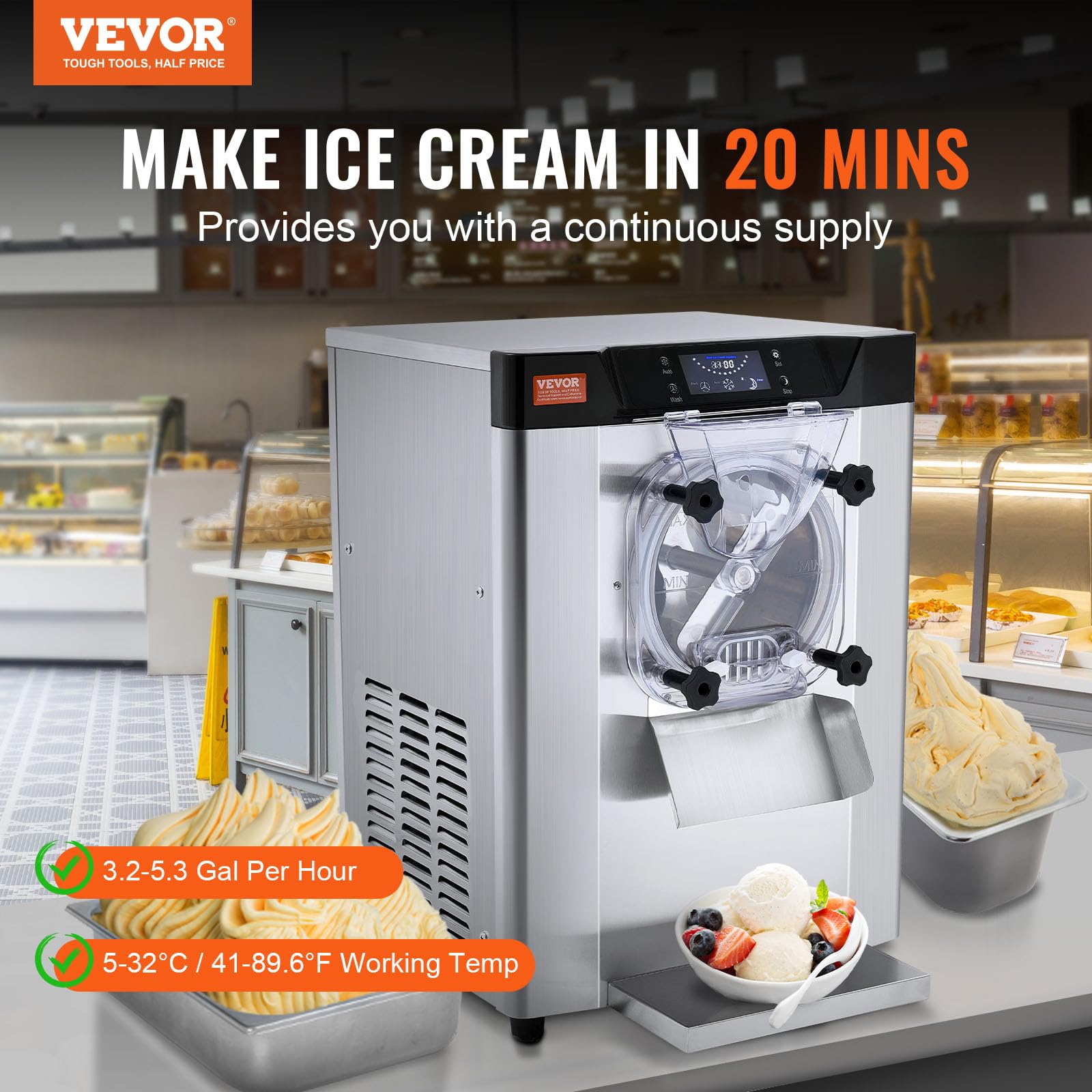 Vevor Commercial Ice Cream Machine, 12 L/H Yield, 1713W Single Flavor Countertop Hard Serve Ice Cream Maker, 4.5L Stainless Stee